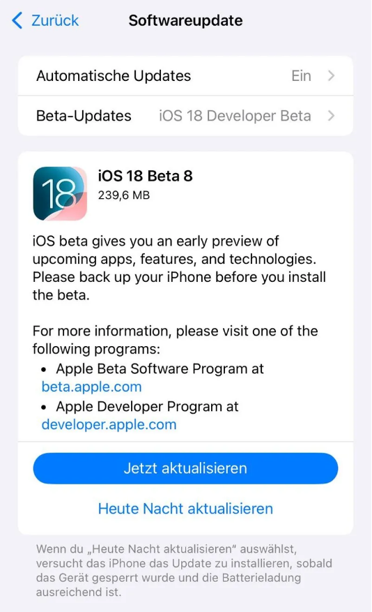 嵩县苹果手机维修分享苹果 iOS / iPadOS 18 开发者预览版 Beta 8 发布 